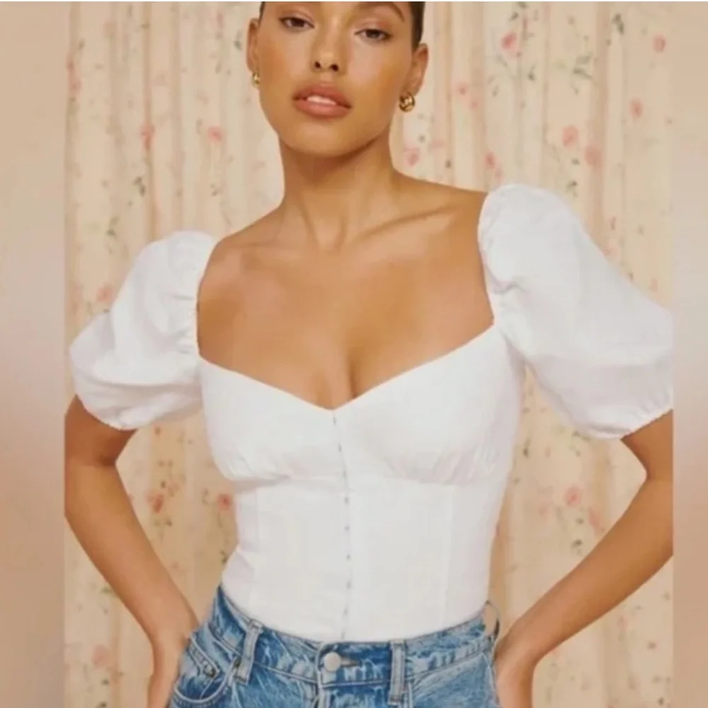 Reformation White Puff-Sleeve Corset Top